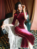 酒红色丝绒旗袍2022年气质优雅长款女复古中国风改良版连衣裙