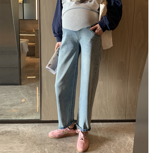遮胯~浅蓝孕妇牛仔裤春秋装新款宽松直筒裤外穿托腹孕妇裤子长裤