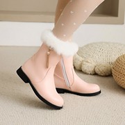 兔毛侧拉链短靴保暖雪地女靴，低跟短筒靴冬季棉鞋平跟中靴