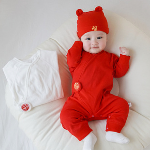 新生儿春秋纯棉哈衣婴儿，满月周岁百天大红色，连体衣宝宝长袖爬服白