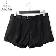 淑女屋fairyfair女短裤，口袋双层黑色，雪纺时尚灯笼裤夏季