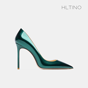 hltino高跟鞋女2023年春秋，漆皮细跟婚鞋绿色尖头法式少女单鞋
