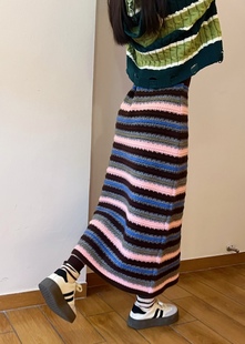 美式复古韩版小众撞色条纹秋冬针织毛衣长裙2023冬女士半身裙