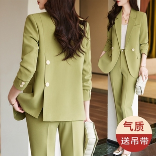 果绿色西装外套女2023高级感气质女神范秋冬时尚洋气西服套装
