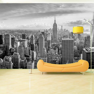 3d立体大型壁画客厅沙发背景，墙纸欧美建筑风景，墙布5d黑白城市壁纸