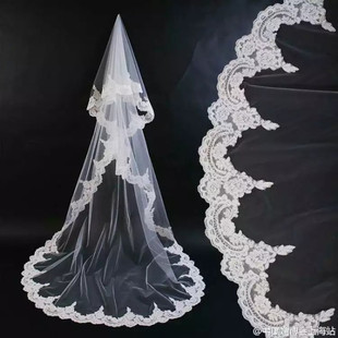 白色韩式新娘结婚拍照蕾丝花边3米超长拖尾头纱礼服配饰软纱
