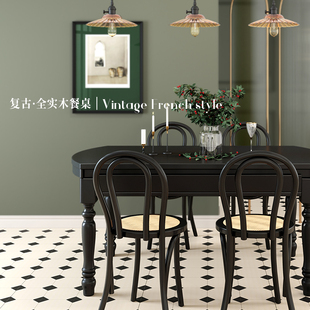 复古美式全实木餐桌餐椅，组合可伸缩折叠饭桌典雅黑法式餐桌长方形