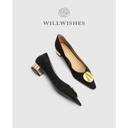 willwishes法式女鞋2024春季时尚，单鞋女中跟尖头，粗跟浅口鞋