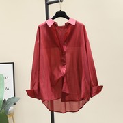 韩国酒红色薄款天丝衬衫女2024夏季宽松休闲衬衣长袖防晒上衣
