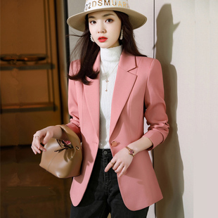 粉色西装外套女2022春秋，纯色通勒韩版修身小个子短款西服上衣