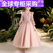 日本女童公主裙粉色，长袖婚纱礼服小伴娘花童婚礼，儿童走秀超仙