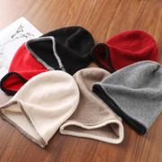纯羊绒帽子女包头卷边显脸小纯色护耳帽堆堆，冬季圆顶保暖针织毛线