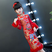 中国风女童旗袍冬装儿童新年装小女孩中式唐装加厚红色礼服拜年服