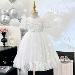 韩系女童白色连衣裙夏装洋气泡泡袖小女孩婚纱礼服裙子儿童公主裙