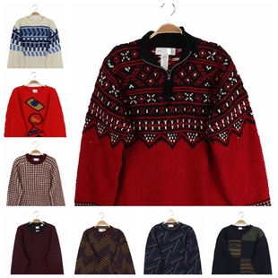 vintage古着孤品日本冬季复古文艺波普中性风毛衣，费尔岛抽象厚实