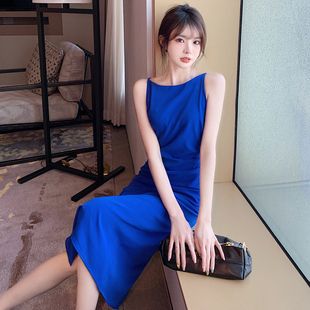 克莱因蓝吊带连衣裙女裙蓝色气质，别致宝蓝色的高级感质感裙子夏季