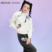 BronzeLucia美式学院风polo领夹克外套女冬菱格刺绣短款棒球棉服