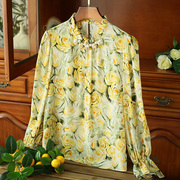 花仙子衬衫~黄色玫瑰印花法式荷叶边珍珠领喇叭袖真丝衬衫立体花