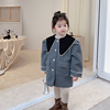 韩版女童格子加棉尼大衣，宝宝2023冬装中长款加厚外套儿童时尚保暖