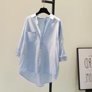 蓝色单口袋(单口袋)棉麻衬衫，女2024春季韩版长袖宽松休闲衬衣可外穿上衣潮