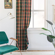 窗帘成品圣诞绿色格子，复古小窗户，厨房帘半遮光飘窗帘