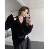 新款丝绒上衣女中长款宽松正肩黑色t恤女长袖v领高级感打底衫秋冬