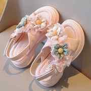 真皮女童公主凉鞋2023夏季软底，儿童小花朵粉色，公主风休闲单鞋