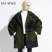 yuespace羊毛大衣时尚提花女士，宽松中长款西装，领花色毛呢外套秋冬