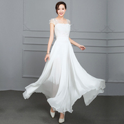 2023白色雪纺连衣裙加长款大摆纯色长裙显瘦气质海边度假裙仙
