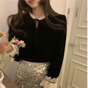 韩国chic春季减龄小众法式复古设计感名媛黑丝绒花边拼接长袖衬衫