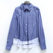 蓝色条纹宽松显瘦翻领拼接假两件春季长袖，百搭时髦女衬衫n652