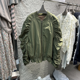 duoduo春装圆领纯色，荷叶边军绿色风衣外套，拉链开衫1911