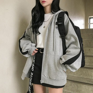 韩版字母一件女装刺绣大码卫衣，秋冬原宿风拉链2023潮外套