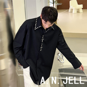 韩国版ulzzang男装东大门22春夏，黑白色铆钉，装饰宽松长袖衬衫个性