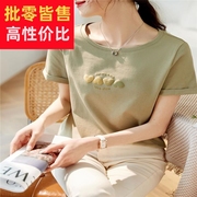 小个子圆领短袖t恤女2024夏装高级感气质宽松遮肚子绿色小衫