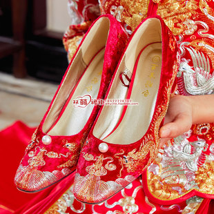 手工金银线刺绣秀禾婚鞋红色高跟鞋中式结婚鞋子配旗袍新娘鞋