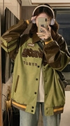 美式vintage棒球服外套，女2023春秋季设计感小众拼接皮袖夹克