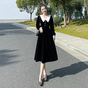 法式赫本风黑色金丝绒连衣裙，女2024春秋装，高级感气质显瘦裙子