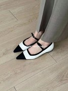 韩国东大门2023年春季绒面拼色浅口尖头女鞋低跟复古玛丽珍鞋