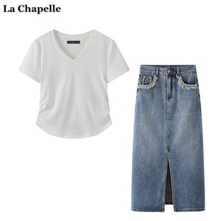 拉夏贝尔/La Chapelle夏季白色V领正肩短袖T恤女牛仔半身裙俩件套