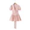 欧美2024春季修身显瘦百搭法式粉色系带娃娃领蕾丝拼接连衣裙