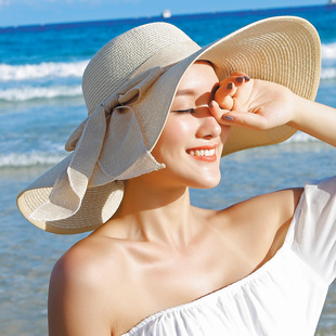 草帽女夏季防晒超大帽檐遮阳帽沙滩海边度假太阳，帽子可折叠帽子潮