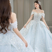 蓝色一字肩婚纱2024新娘法式高级轻奢小众高端大拖尾主纱质感