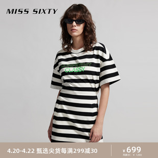 Miss Sixty2024夏季连衣裙女黑白撞色条纹百搭镂空性感休闲风