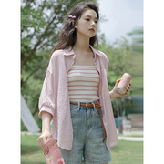 韩版肌理感防晒衬衫女士2024春夏甜美小个子法式粉色防晒上衣