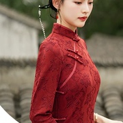 早秋喜婆婆旗袍长款中国风复古红妆修身显瘦中年妈妈结婚礼服