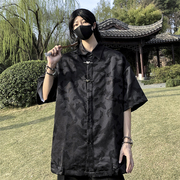 中国风短袖衬衫男女夏季宽松金属，扣提花衬衣垂感潮流休闲半袖外套