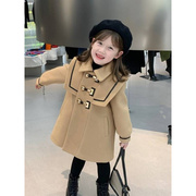 韩国女童毛呢外套春秋装，儿童时髦上衣加厚中长款可爱甜美呢子大衣