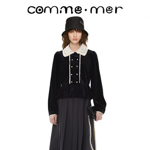 Commemer法式复古娃娃领丝绒针织上衣女2023秋季蕾丝拼接外套