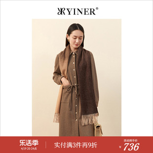 YINER音儿女装冬季衬衫式系带含羊毛呢连衣裙